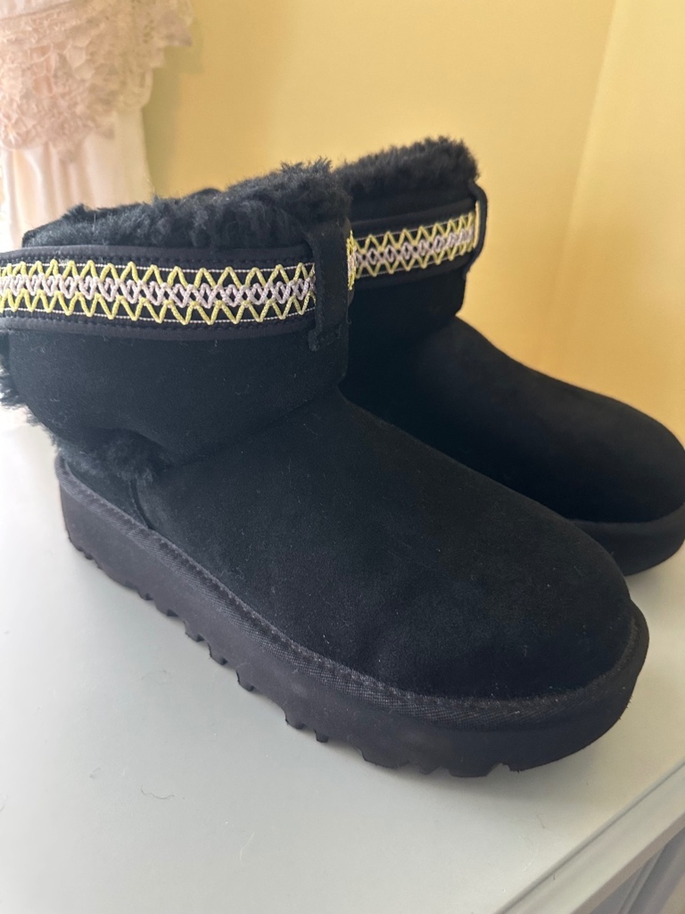NEW without box, UGG Suede ankle boots, Black with Braid trim, Size 7